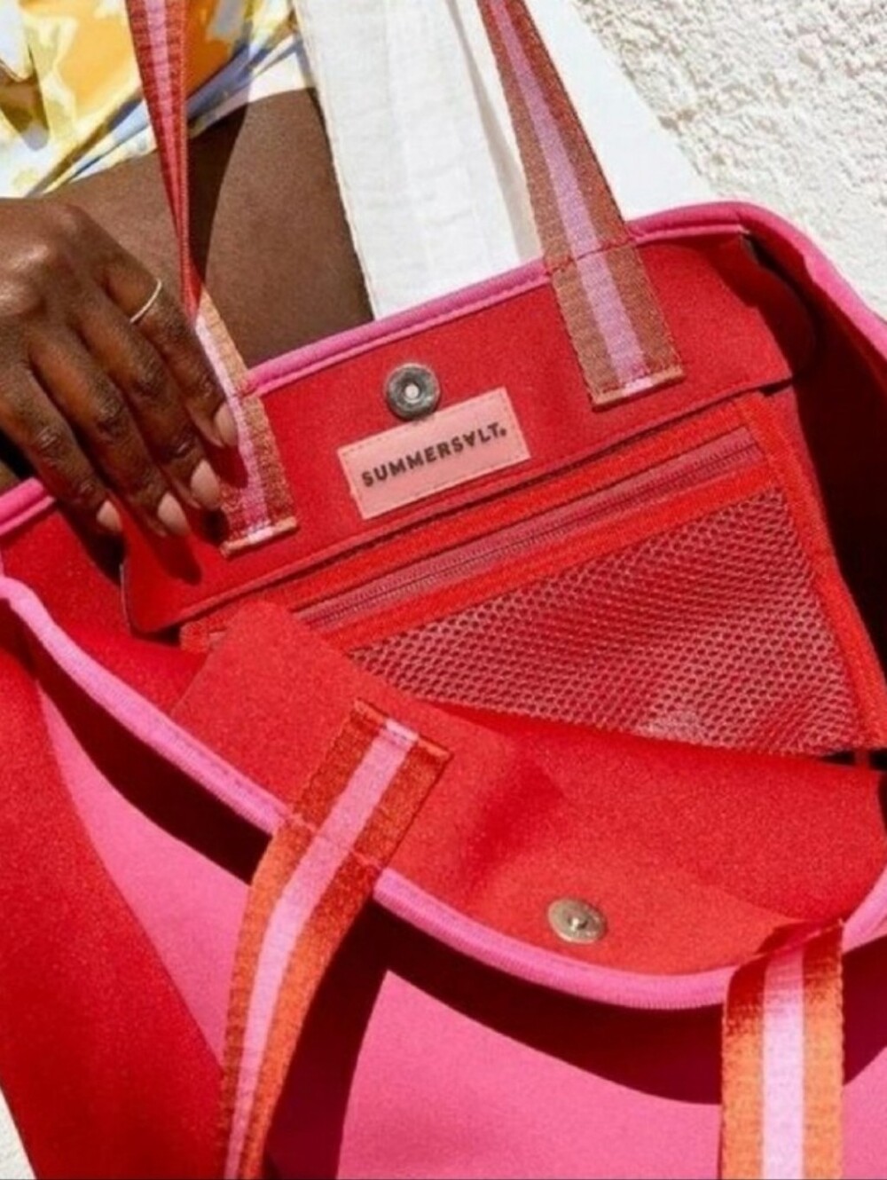 summersalt Red and Pink Striped-Handle Tote